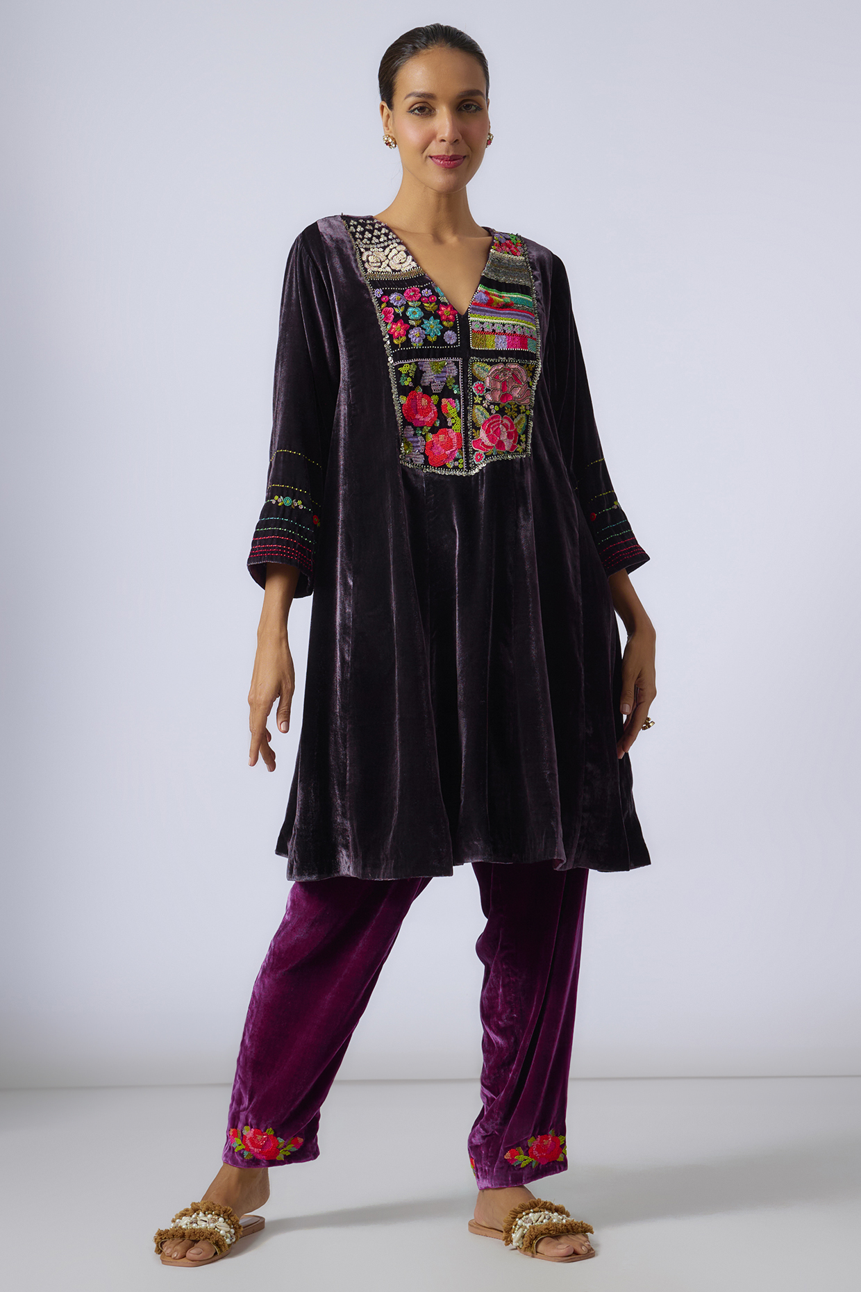 Wine Silk Velvet Hand Embroidered Kurta Set by Half Full Curve at Pernia's Pop Up Shop