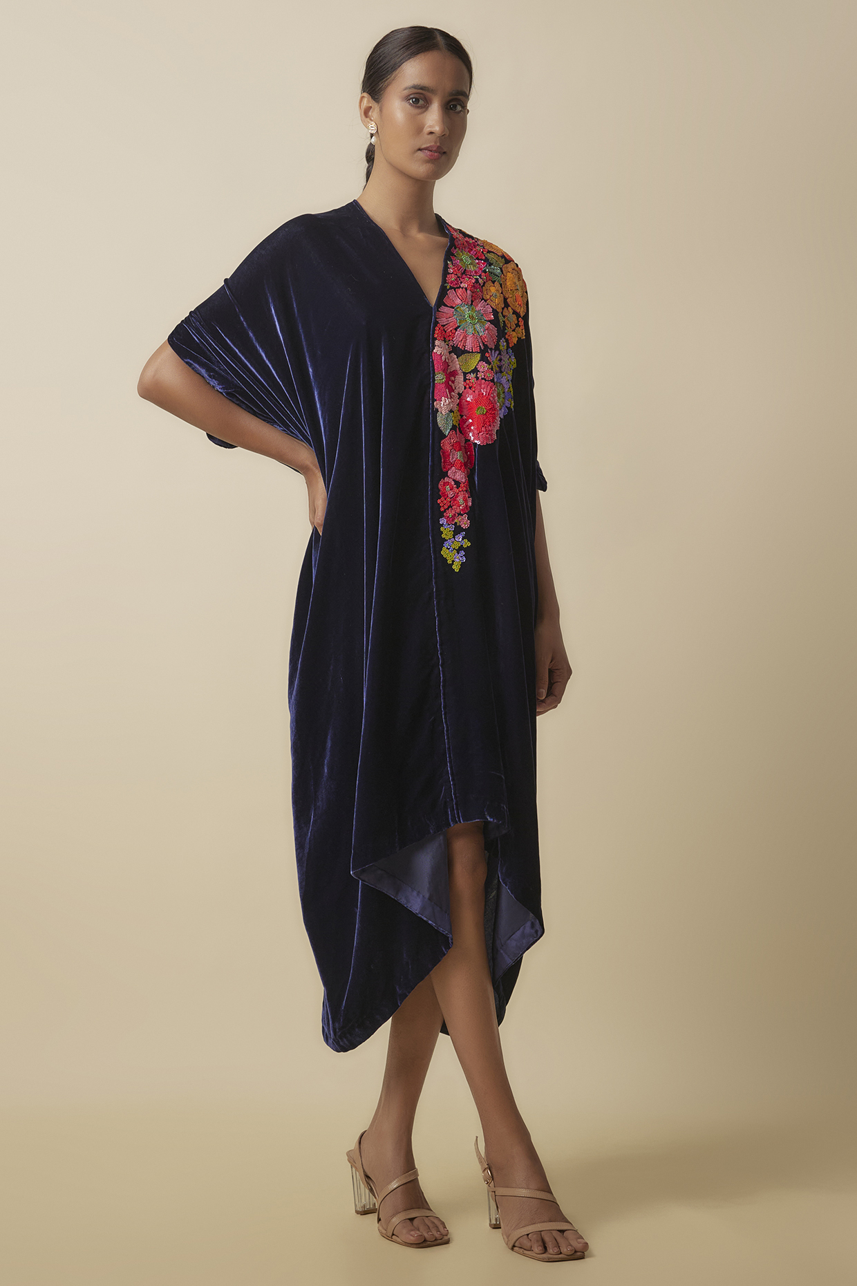 Blue Silk Velvet Hand Embroidered Draped Dress by Half Full Curve at Pernia's Pop Up Shop