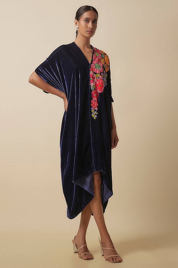 Blue Silk Velvet Hand Embroidered Draped Dress by Half Full Curve at Pernia's Pop Up Shop