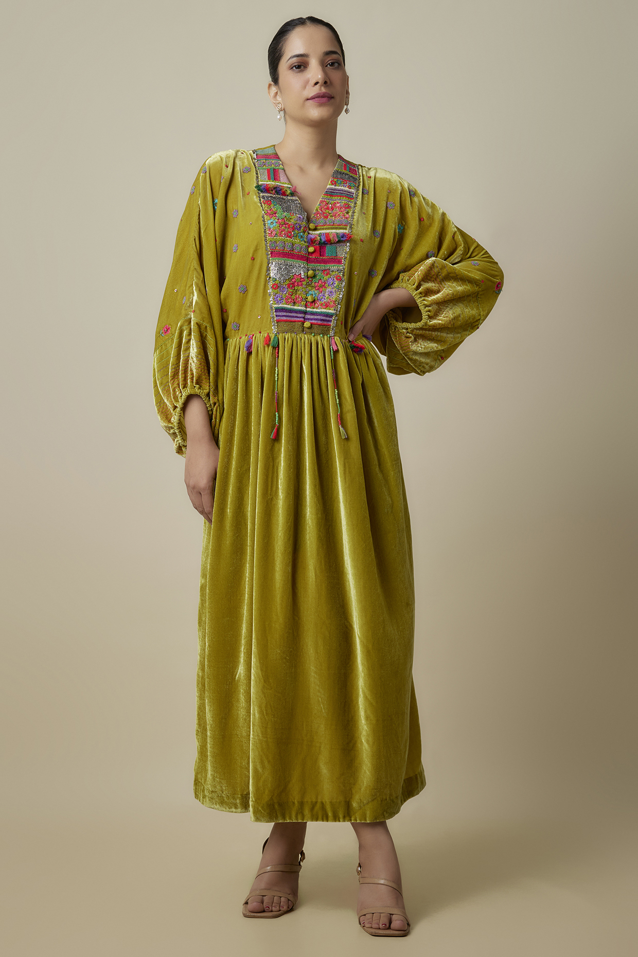 Green Silk Velvet Hand Embroidered Maxi Dress by Half Full Curve at Pernia's Pop Up Shop
