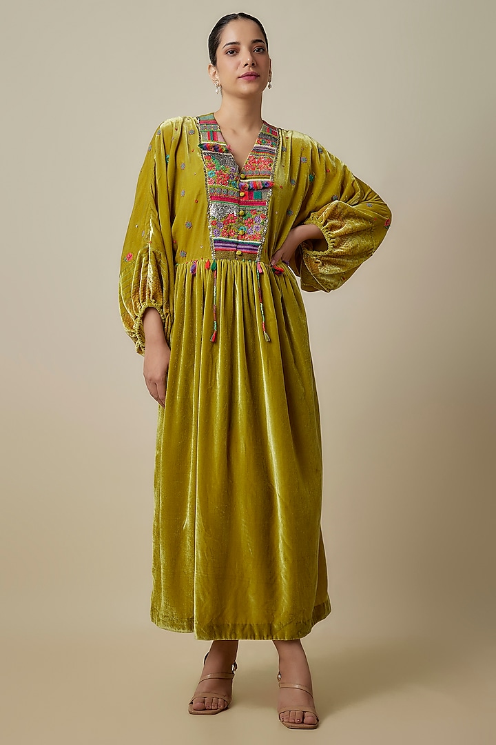 Green Silk Velvet Hand Embroidered Maxi Dress by Half Full Curve at Pernia's Pop Up Shop