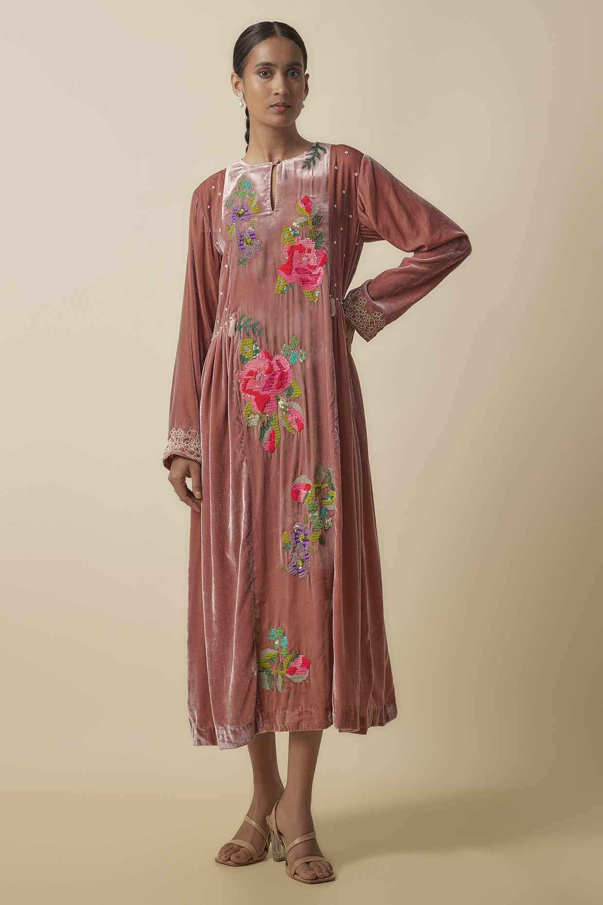 Pink Silk Velvet Hand Embroidered Midi Dress by Half Full Curve at Pernia's Pop Up Shop