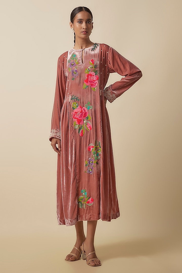 Pink Silk Velvet Hand Embroidered Midi Dress by Half Full Curve at Pernia's Pop Up Shop