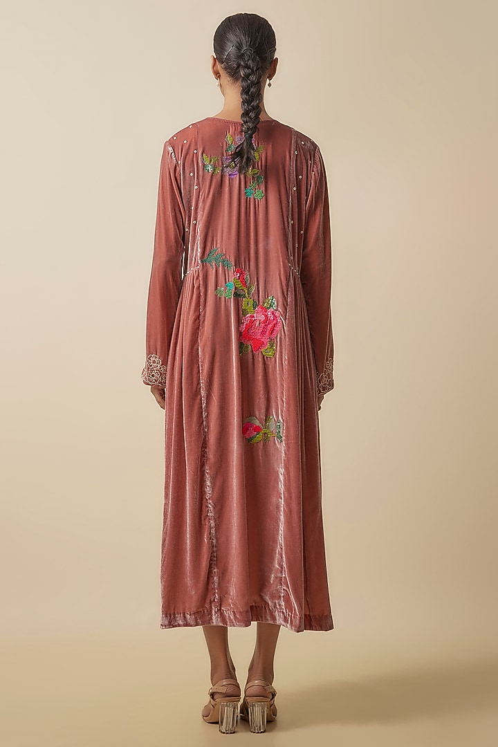 Pink Silk Velvet Hand Embroidered Midi Cocktail Dress by Half Full Curve at Pernia's Pop Up Shop