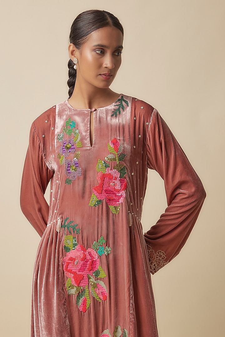 Pink Silk Velvet Hand Embroidered Midi Cocktail Dress by Half Full Curve at Pernia's Pop Up Shop