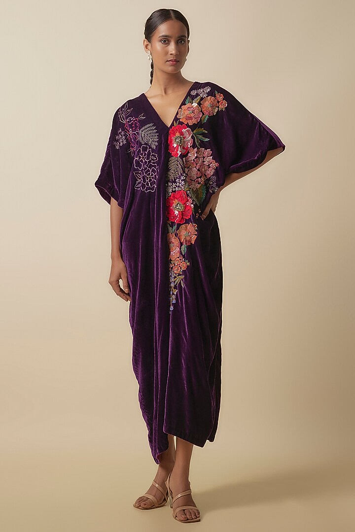 Wine Silk Velvet Hand Embroidered Kaftan by Half Full Curve at Pernia's Pop Up Shop
