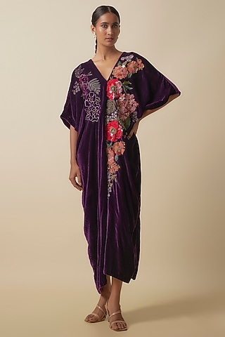 Wine Silk Velvet Hand Embroidered Kaftan by Half Full Curve