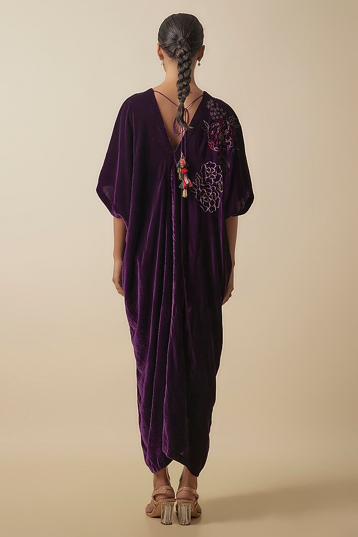 Wine Silk Velvet Hand Embroidered Kaftan by Half Full Curve at Pernia's Pop Up Shop
