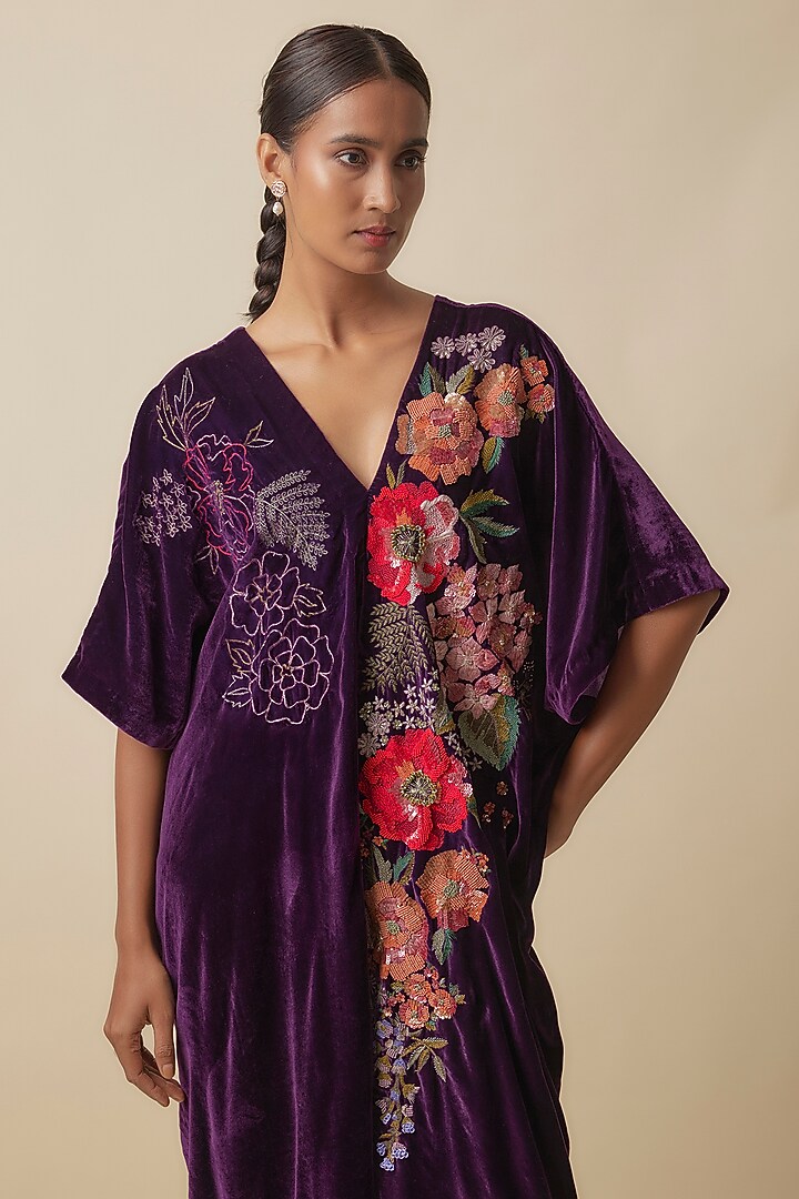 Wine Silk Velvet Hand Embroidered Kaftan by Half Full Curve at Pernia's Pop Up Shop