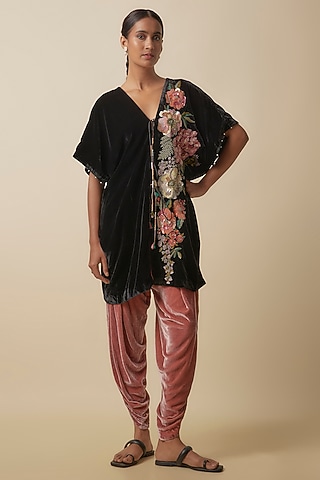 Black Silk Velvet Hand Embroidered Kurta Set by Half Full Curve