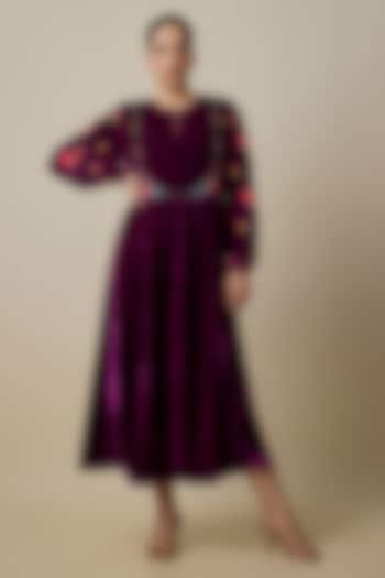 Wine Silk Velvet Hand Embroidered Midi Dress by Half Full Curve at Pernia's Pop Up Shop