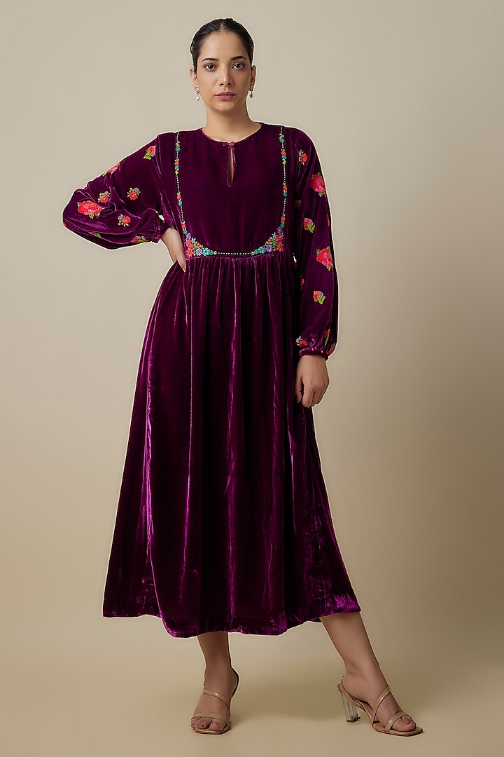 Wine Silk Velvet Hand Embroidered Midi Dress by Half Full Curve at Pernia's Pop Up Shop