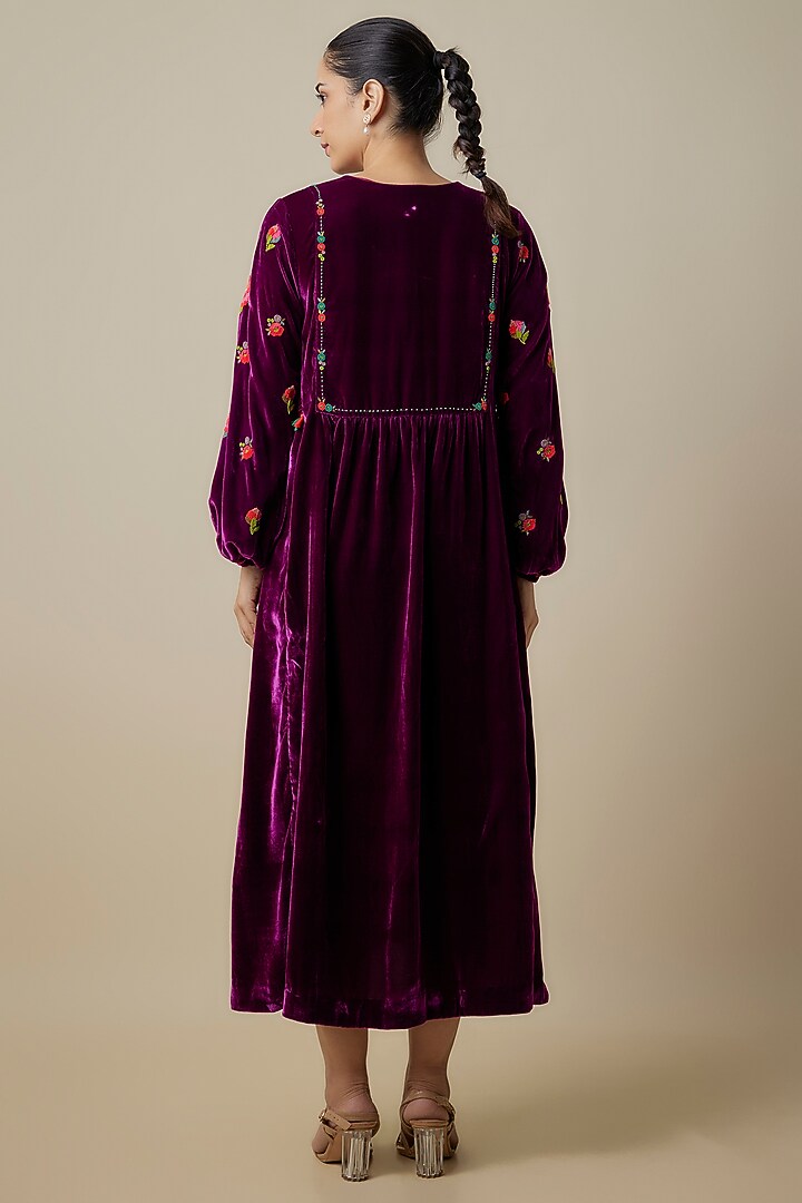 Wine Silk Velvet Hand Embroidered Midi Vacation Dress by Half Full Curve at Pernia's Pop Up Shop