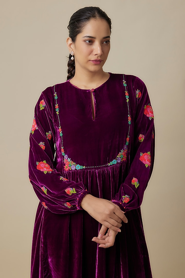 Wine Silk Velvet Hand Embroidered Midi Vacation Dress by Half Full Curve at Pernia's Pop Up Shop
