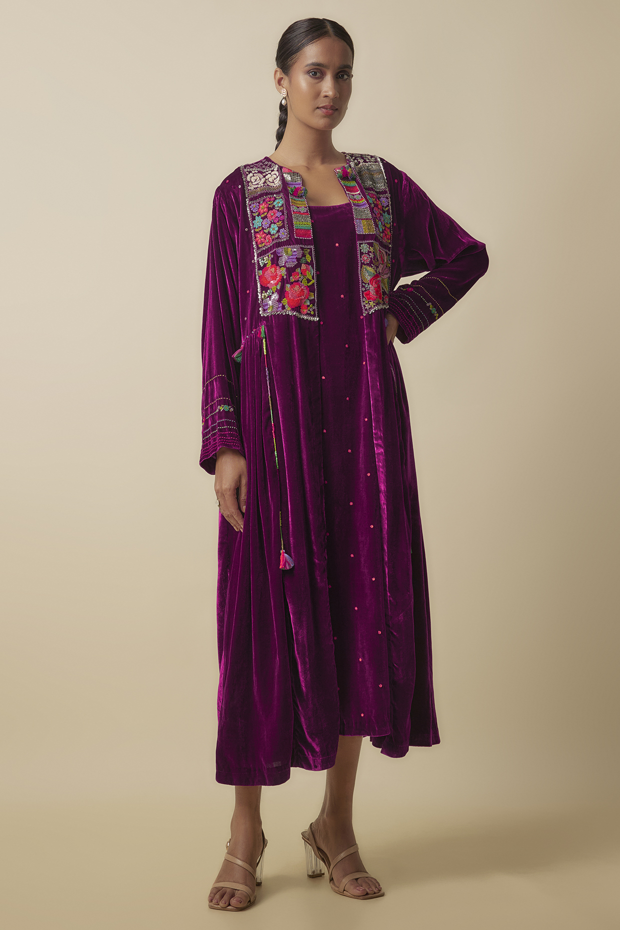 Maroon Silk Velvet Hand Embroidered Jacket Set by Half Full Curve at Pernia's Pop Up Shop