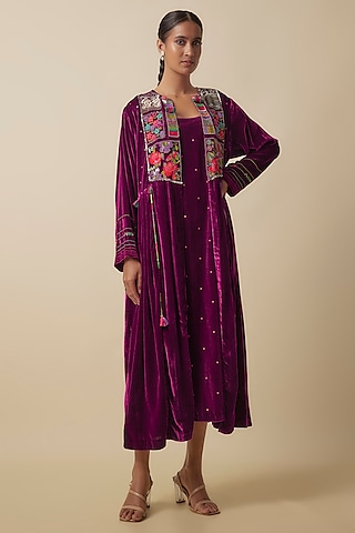 Maroon Silk Velvet Hand Embroidered Jacket Set by Half Full Curve