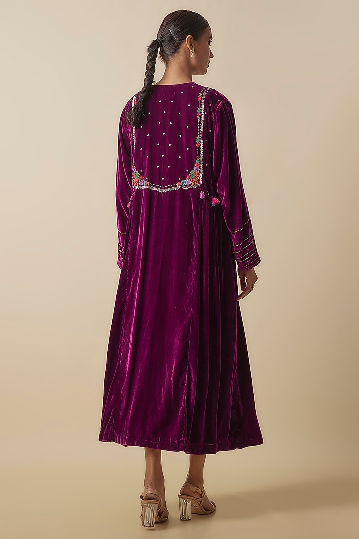 Maroon Silk Velvet Hand Embroidered Jacket Set by Half Full Curve at Pernia's Pop Up Shop