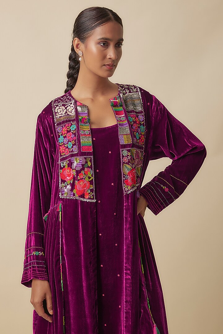 Maroon Silk Velvet Hand Embroidered Jacket Set by Half Full Curve at Pernia's Pop Up Shop