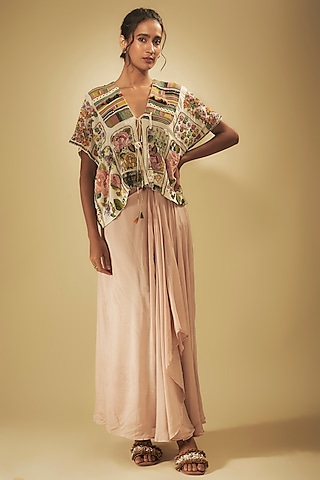Pink Crepe Chiffon Dhoti Skirt Set by Half Full Curve