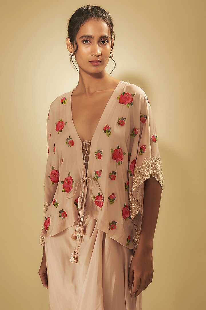 Rose Pink Pure Silk Hand Embroidered Cape Set by Half Full Curve at Pernia's Pop Up Shop