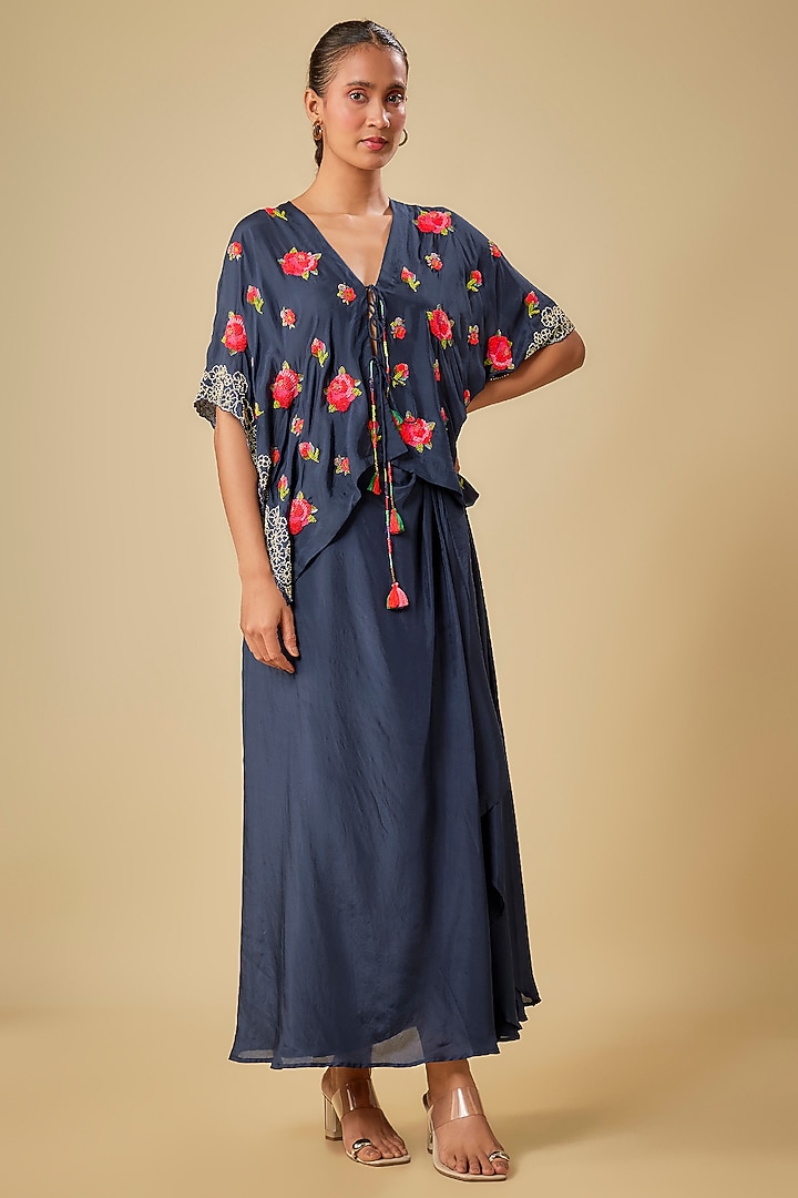 Blue Pure Silk Dhoti Skirt Set by Half Full Curve at Pernia's Pop Up Shop