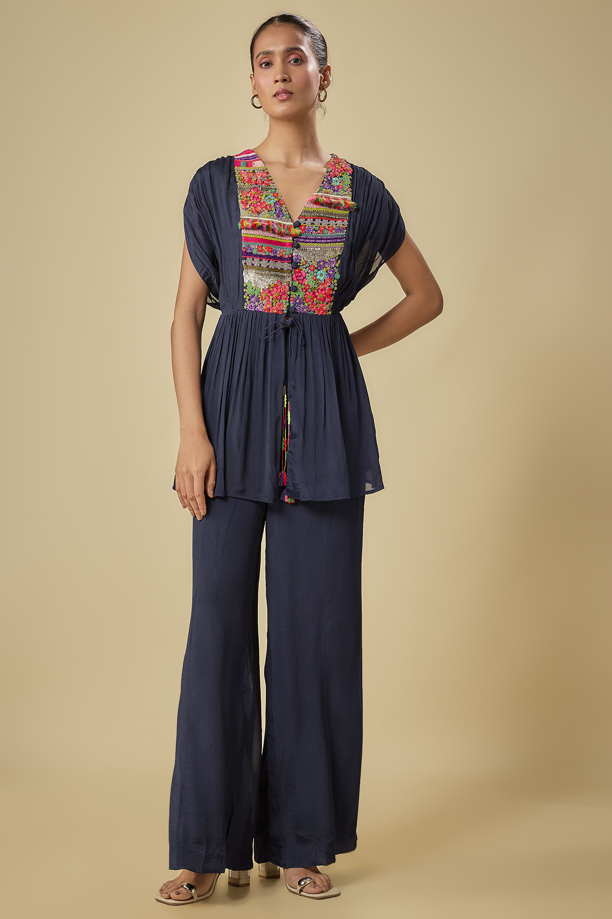 Blue Crepe Chiffon Hand Embroidered Kurta Set by Half Full Curve at Pernia's Pop Up Shop