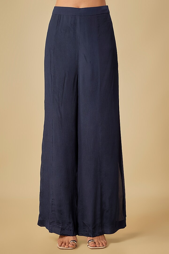 Blue Crepe Chiffon Hand Embroidered Kurta Set by Half Full Curve at Pernia's Pop Up Shop