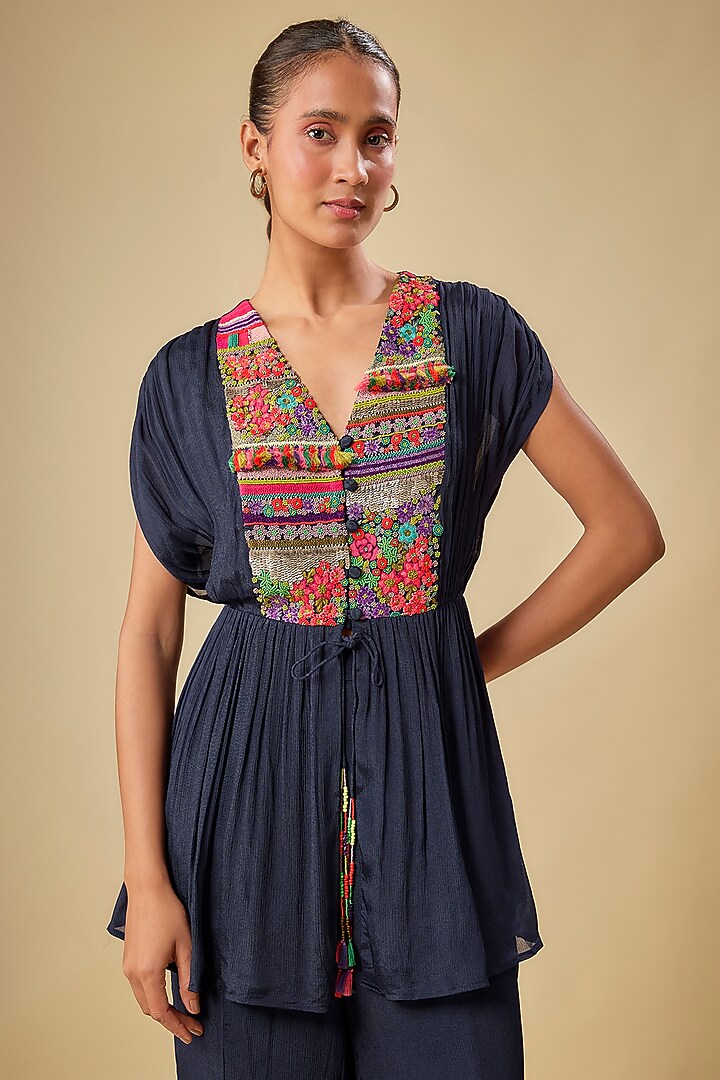 Blue Crepe Chiffon Hand Embroidered Kurta Set by Half Full Curve at Pernia's Pop Up Shop