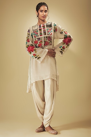 Ivory Crepe Chiffon Hand Embroidered Asymmetric Kurta Set by Half Full Curve