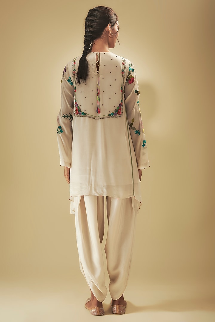 Ivory Crepe Chiffon Hand Embroidered Asymmetric Kurta Set by Half Full Curve at Pernia's Pop Up Shop