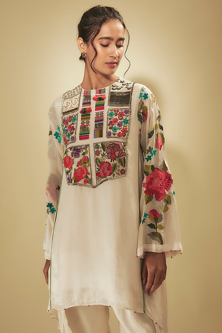 Ivory Crepe Chiffon Hand Embroidered Asymmetric Kurta Set by Half Full Curve at Pernia's Pop Up Shop