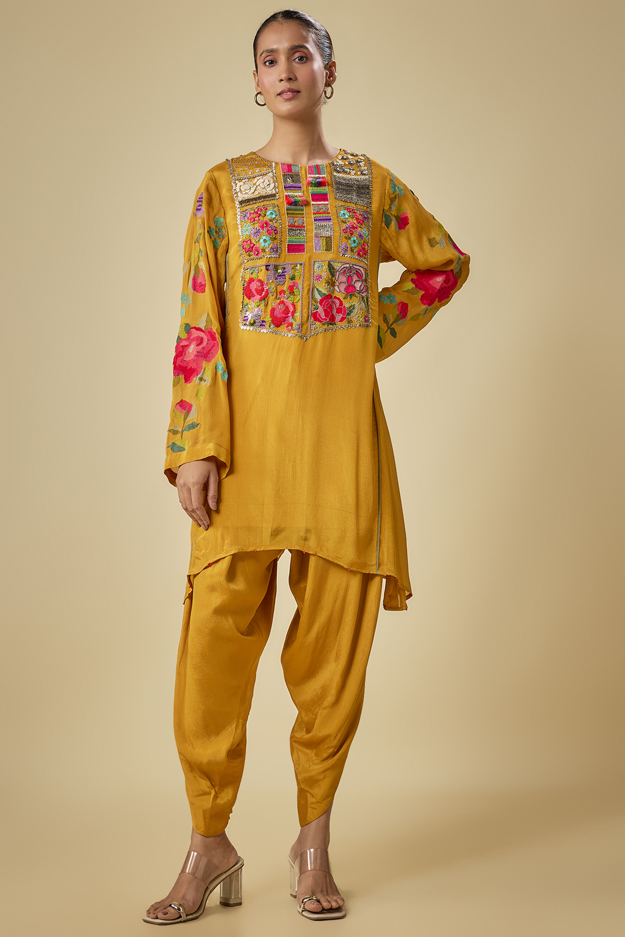 Yellow Crepe Chiffon Hand Embroidered Asymmetric Kurta Set by Half Full Curve at Pernia's Pop Up Shop