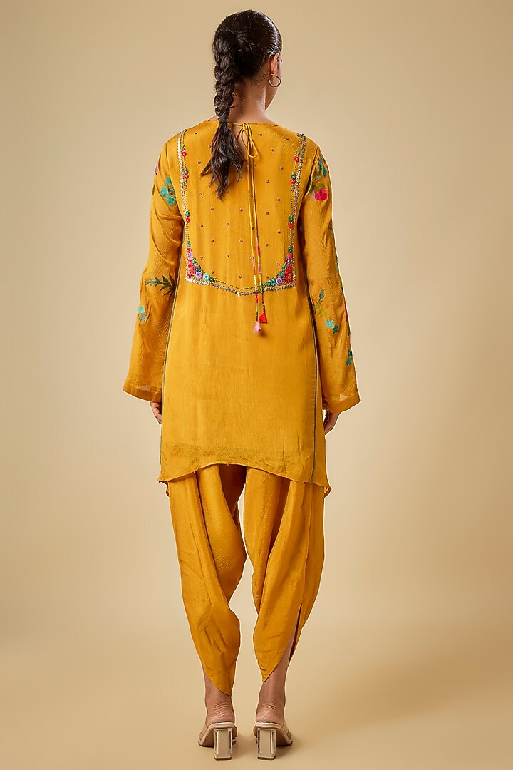 Yellow Crepe Chiffon Hand Embroidered Asymmetric Kurta Set by Half Full Curve at Pernia's Pop Up Shop