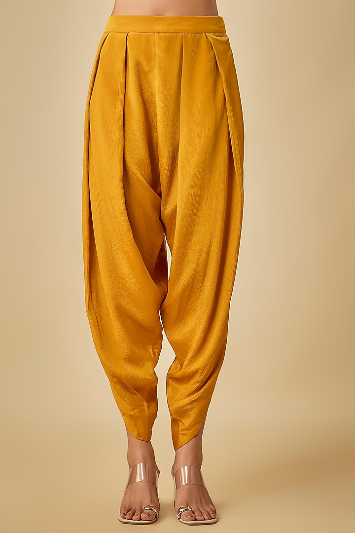 Yellow Crepe Chiffon Hand Embroidered Asymmetric Kurta Set by Half Full Curve at Pernia's Pop Up Shop