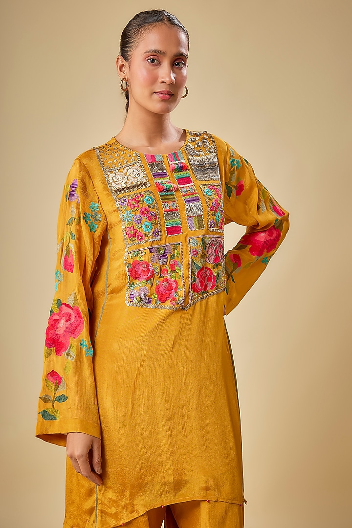 Yellow Crepe Chiffon Hand Embroidered Asymmetric Kurta Set by Half Full Curve at Pernia's Pop Up Shop