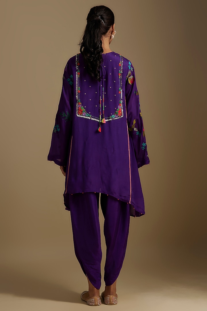 Purple Crepe Chiffon Hand Embroidered Asymmetric Kurta Set by Half Full Curve at Pernia's Pop Up Shop