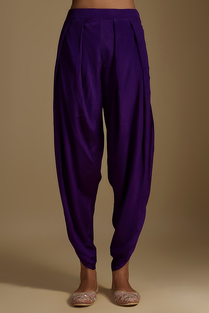 Purple Crepe Chiffon Hand Embroidered Asymmetric Kurta Set by Half Full Curve at Pernia's Pop Up Shop