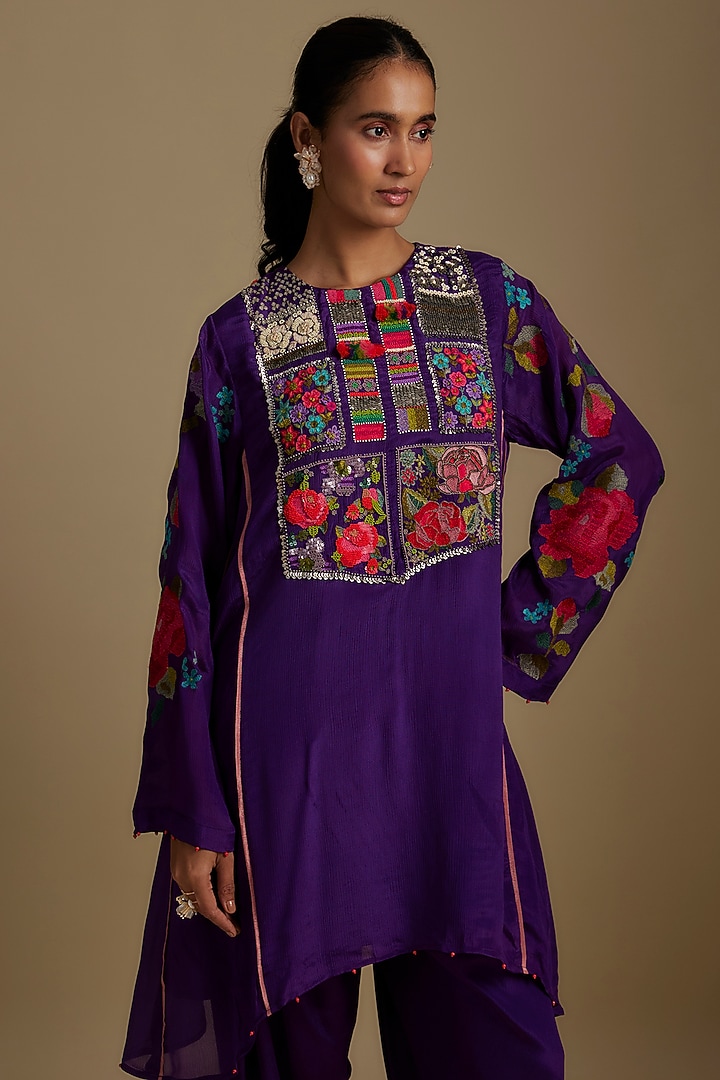 Purple Crepe Chiffon Hand Embroidered Asymmetric Kurta Set by Half Full Curve at Pernia's Pop Up Shop