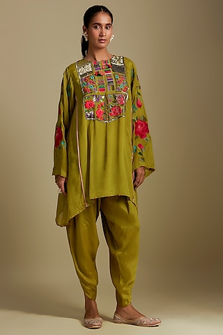 Green Crepe Chiffon Hand Embroidered Asymmetric Kurta Set by Half Full Curve