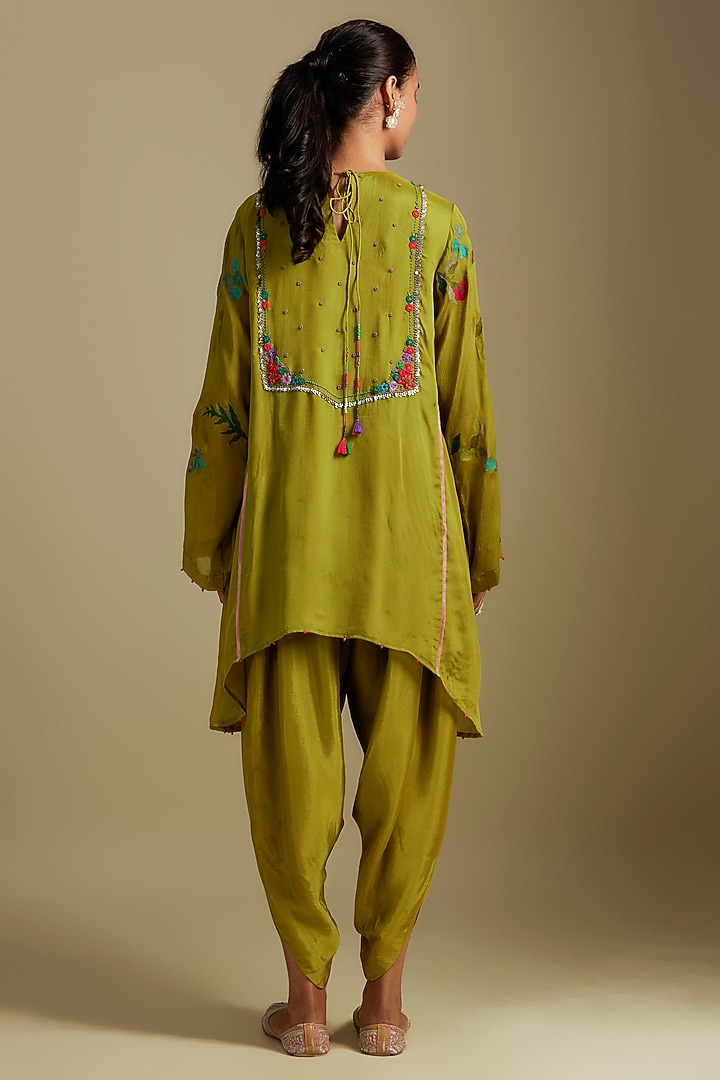 Green Crepe Chiffon Hand Embroidered Asymmetric Kurta Set by Half Full Curve at Pernia's Pop Up Shop