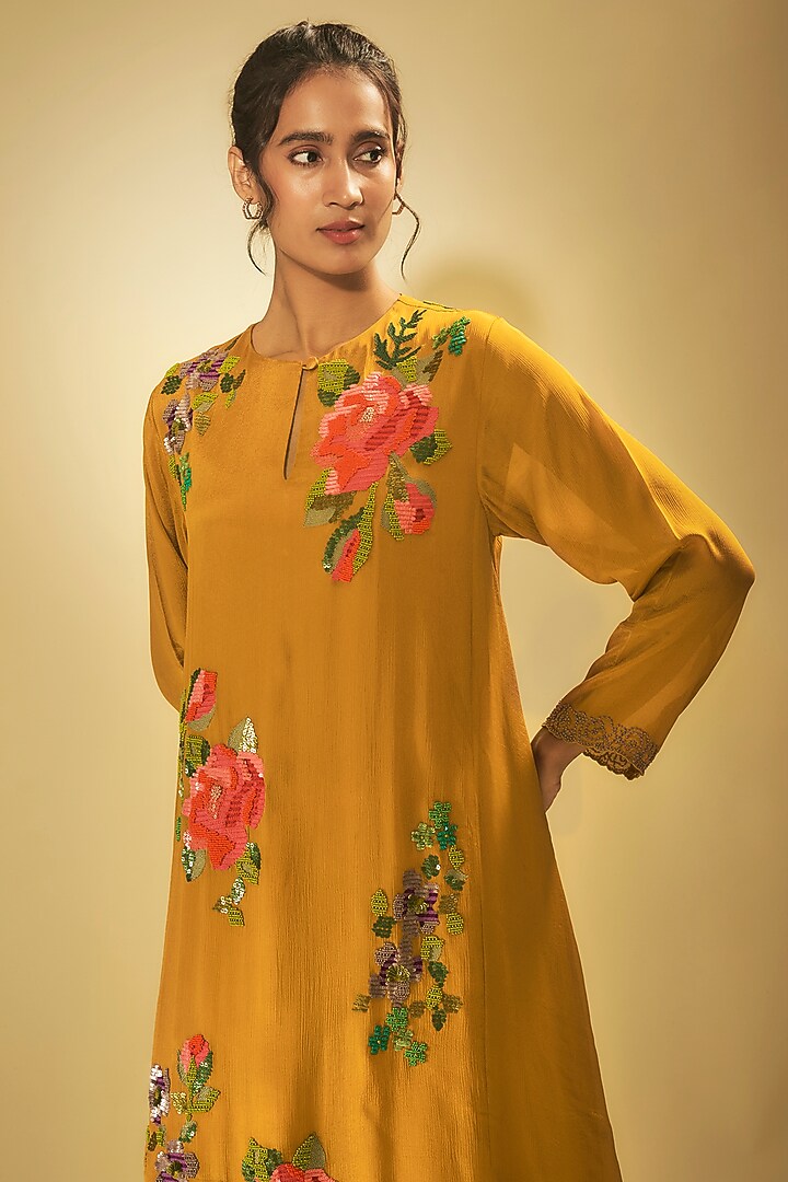 Yellow Crepe Chiffon Hand Embroidered Kurta Set by Half Full Curve at Pernia's Pop Up Shop