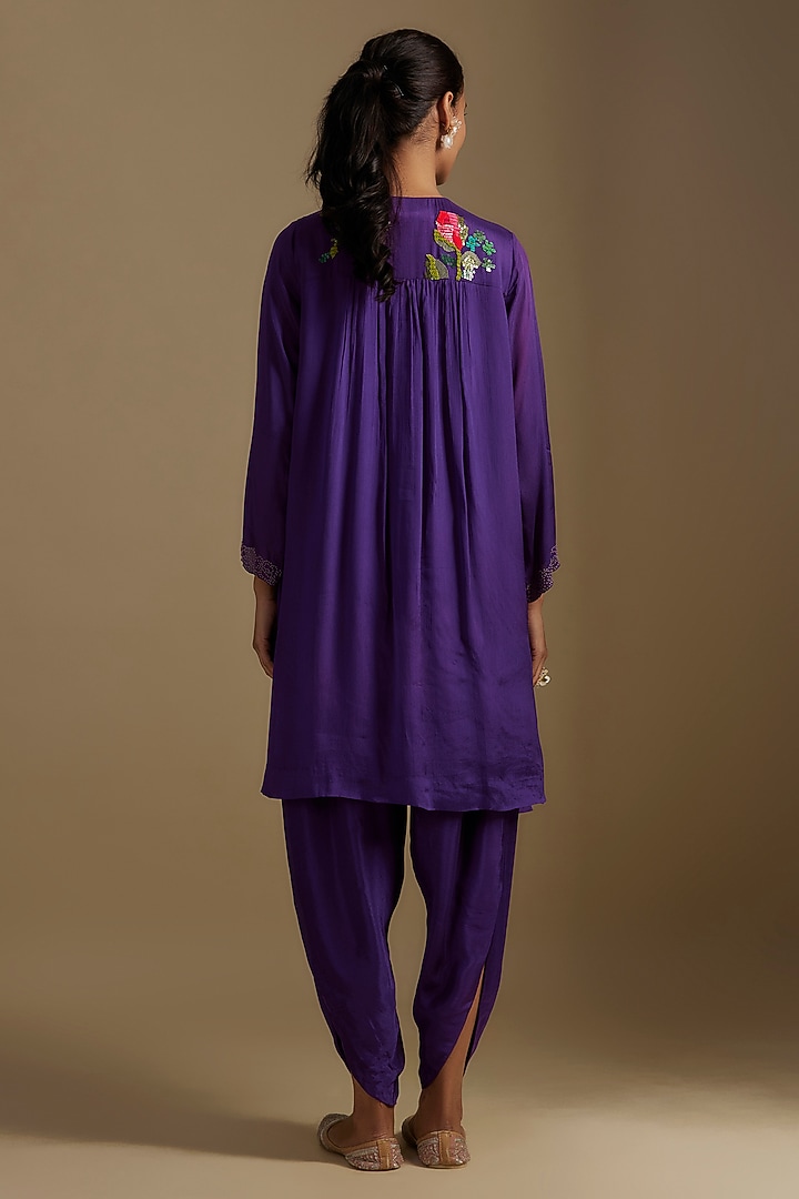 Purple Crepe Chiffon Hand Embroidered Kurta Set by Half Full Curve at Pernia's Pop Up Shop