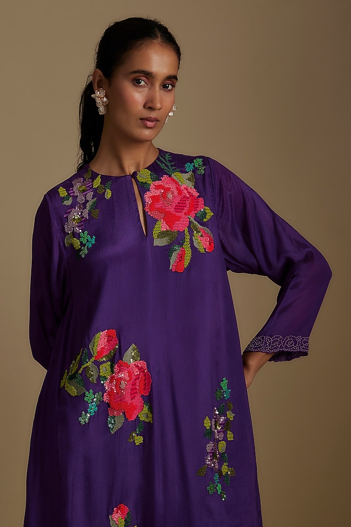Purple Crepe Chiffon Hand Embroidered Kurta Set by Half Full Curve at Pernia's Pop Up Shop