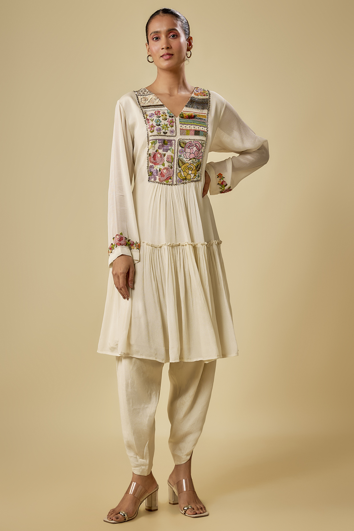 Ivory Crepe Chiffon Hand Embroidered Kurta Set by Half Full Curve at Pernia's Pop Up Shop