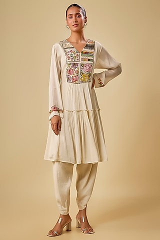 Ivory Crepe Chiffon Hand Embroidered Kurta Set by Half Full Curve