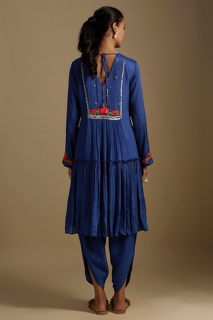 Blue Crepe Chiffon Hand Embroidered Kurta Set by Half Full Curve at Pernia's Pop Up Shop