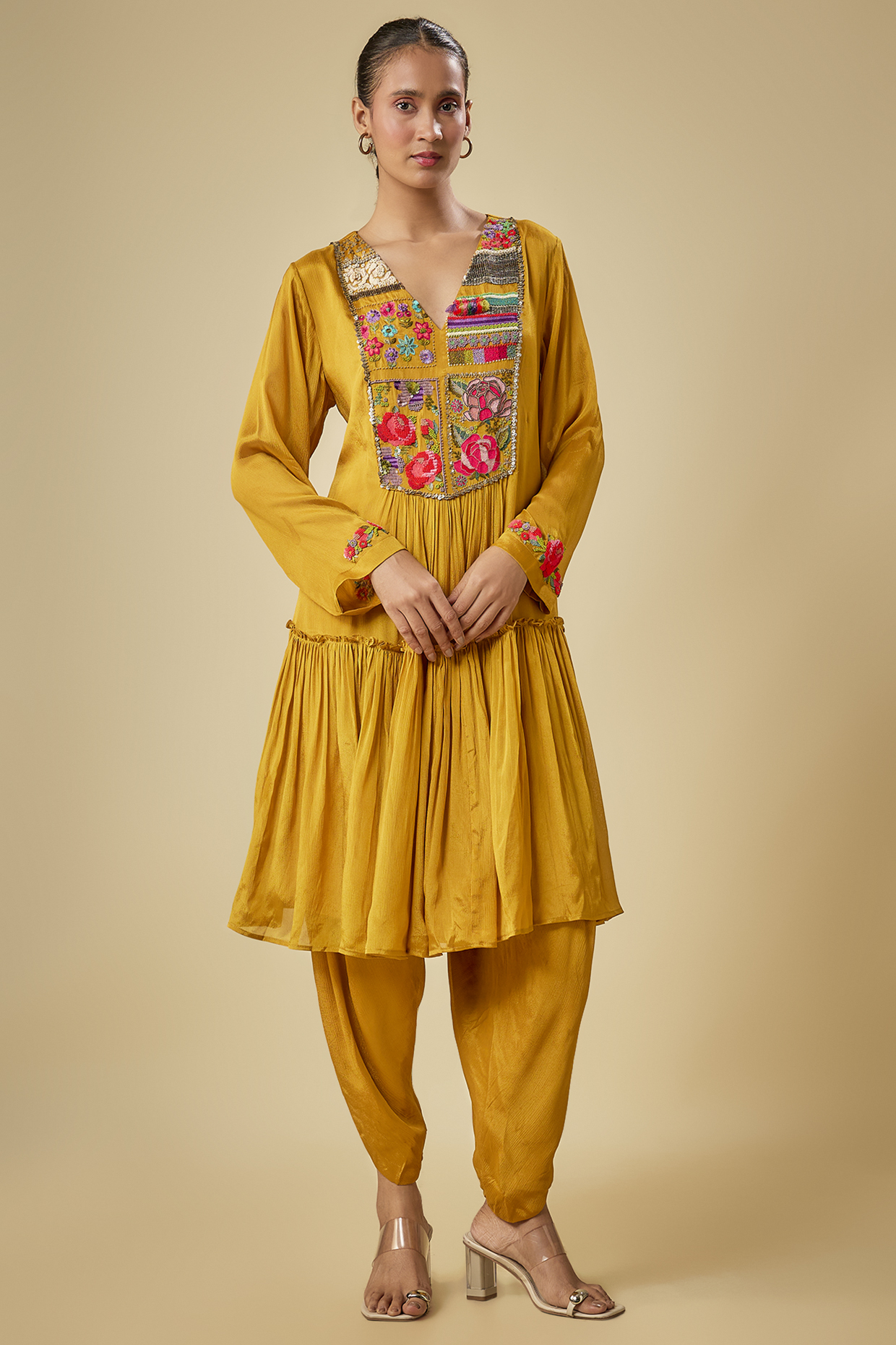 Yellow Crepe Chiffon Hand Embroidered Kurta Set by Half Full Curve at Pernia's Pop Up Shop