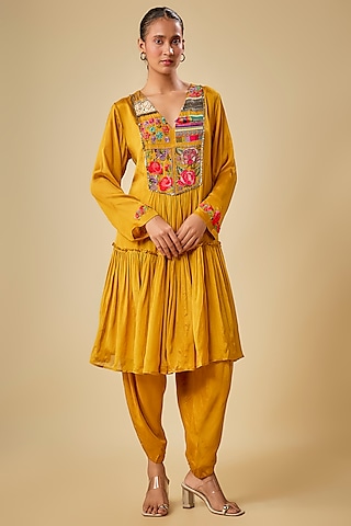 Yellow Crepe Chiffon Hand Embroidered Kurta Set by Half Full Curve