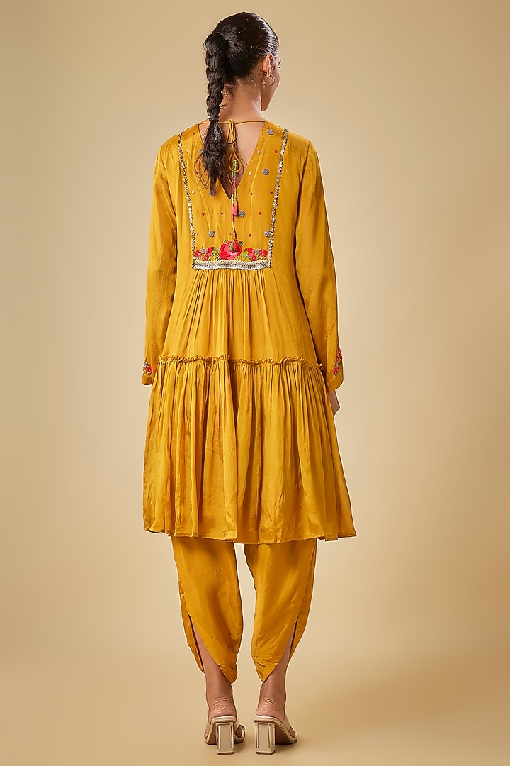 Yellow Crepe Chiffon Hand Embroidered Kurta Set by Half Full Curve at Pernia's Pop Up Shop
