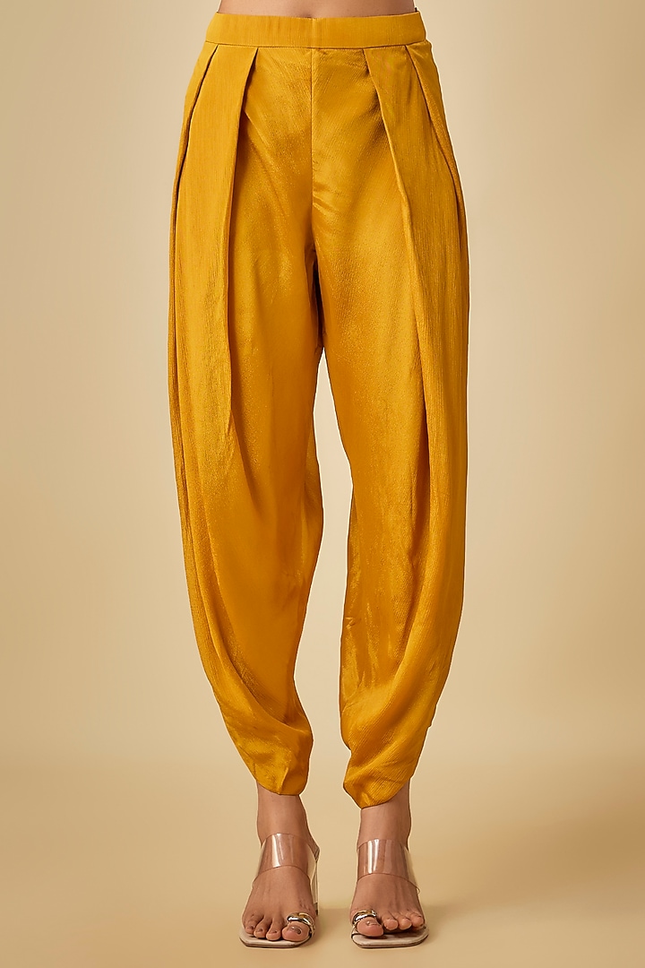 Yellow Crepe Chiffon Hand Embroidered Kurta Set by Half Full Curve at Pernia's Pop Up Shop